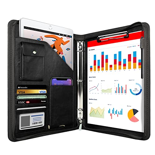 WRIYES Zippered Portfolio Organizer, WRIYES Leather Padfolio with 3 Ring Binder, Professional Business Binder, Organizer for IPad/Document, Phone & Business Cards, Office Gifts for Men or Women (Black) - Image 1