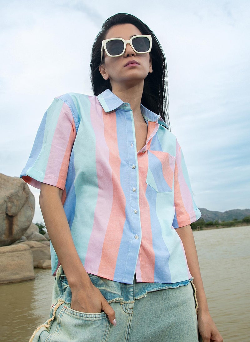 PINACOLADA Women's Multicolour Striped Boxy Shirt - Image 1