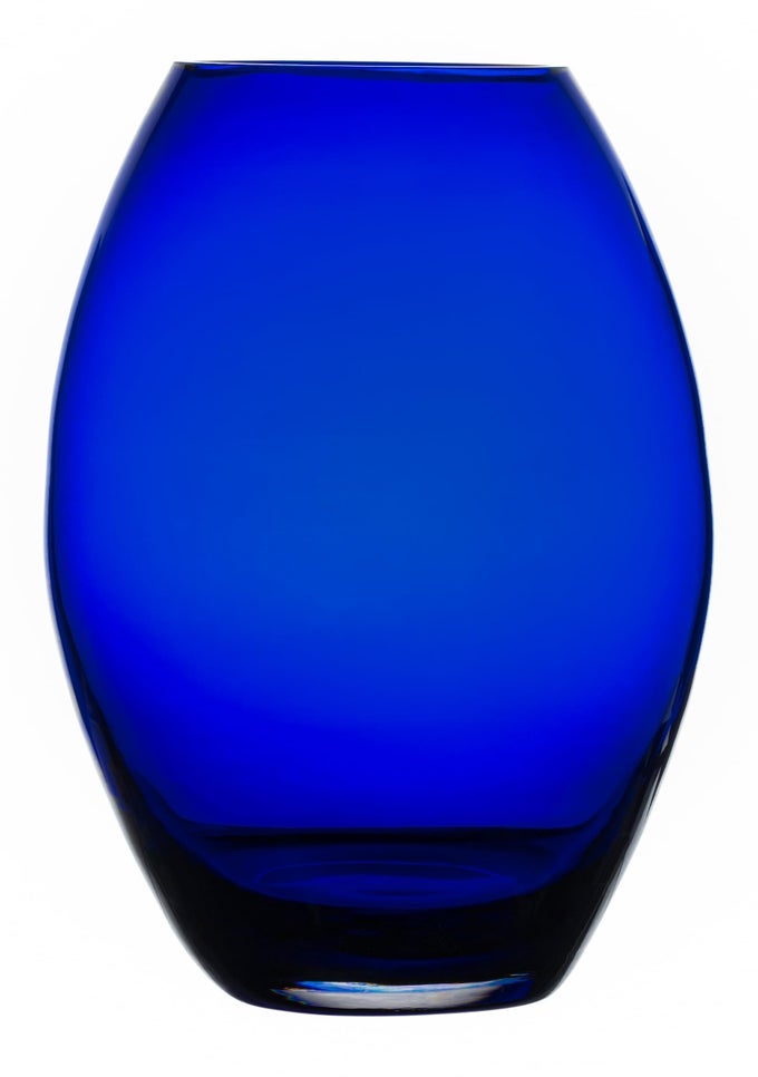 GLASS HANDMADE 10 H 10 INCHES HIGH BARREL VASE COBALT BLUE MADE IN EUROPE