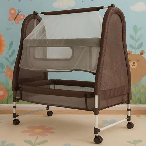 KIDBITKART Premium Jumbo Baby Cradle New Born Baby Sleep Swing Cradle/Mattress & Wheels and Cradle for 0-13 Months Baby Boys and Girls (Blue Panda) (Brown) - Image 1