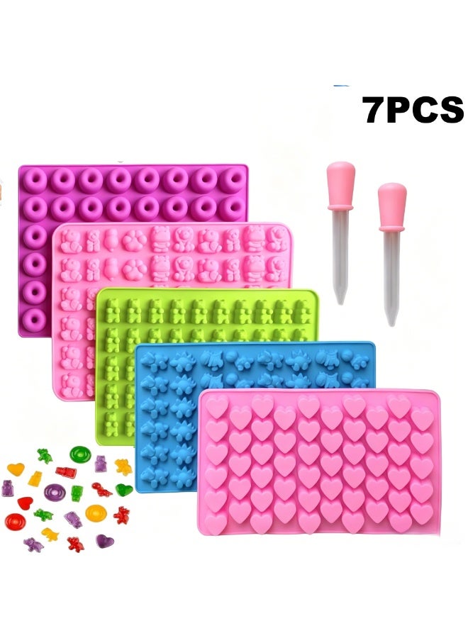 5 Pcs Silicone Gummy Molds with 2 Droppers, Heart, Bear, Dinosaur, Animal, Round Candy Molds, Non-Stick Silicone Moulds for Gummies, Chocolate, Jelly, Candy, Baby Food - Image 1