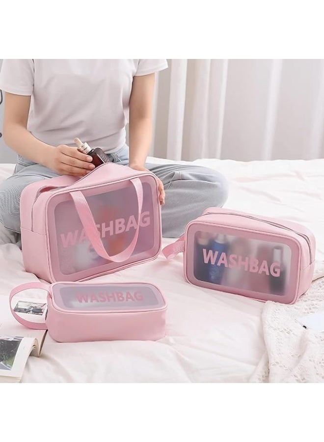3-Piece Transparent Toiletry Bag Set, Makeup Bag, Travel Bag, Work Bag, Vacation Bag, Bathroom Organizer for Men and Women, ,Transparent Toiletry Bag Set-pink - Image 3