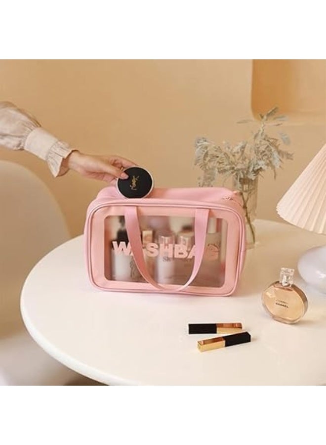 3-Piece Transparent Toiletry Bag Set, Makeup Bag, Travel Bag, Work Bag, Vacation Bag, Bathroom Organizer for Men and Women, ,Transparent Toiletry Bag Set-pink - Image 4