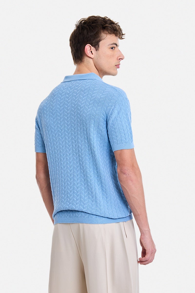 SNITCH Light Blue Textured Half Sleeve Regular Fit T-Shirt - Image 5