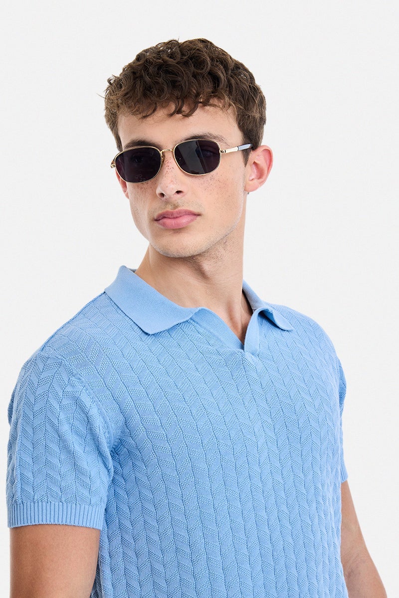 SNITCH Light Blue Textured Half Sleeve Regular Fit T-Shirt - Image 3