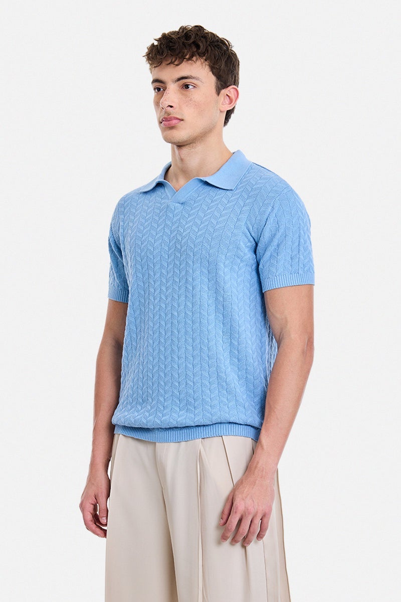 SNITCH Light Blue Textured Half Sleeve Regular Fit T-Shirt - Image 1