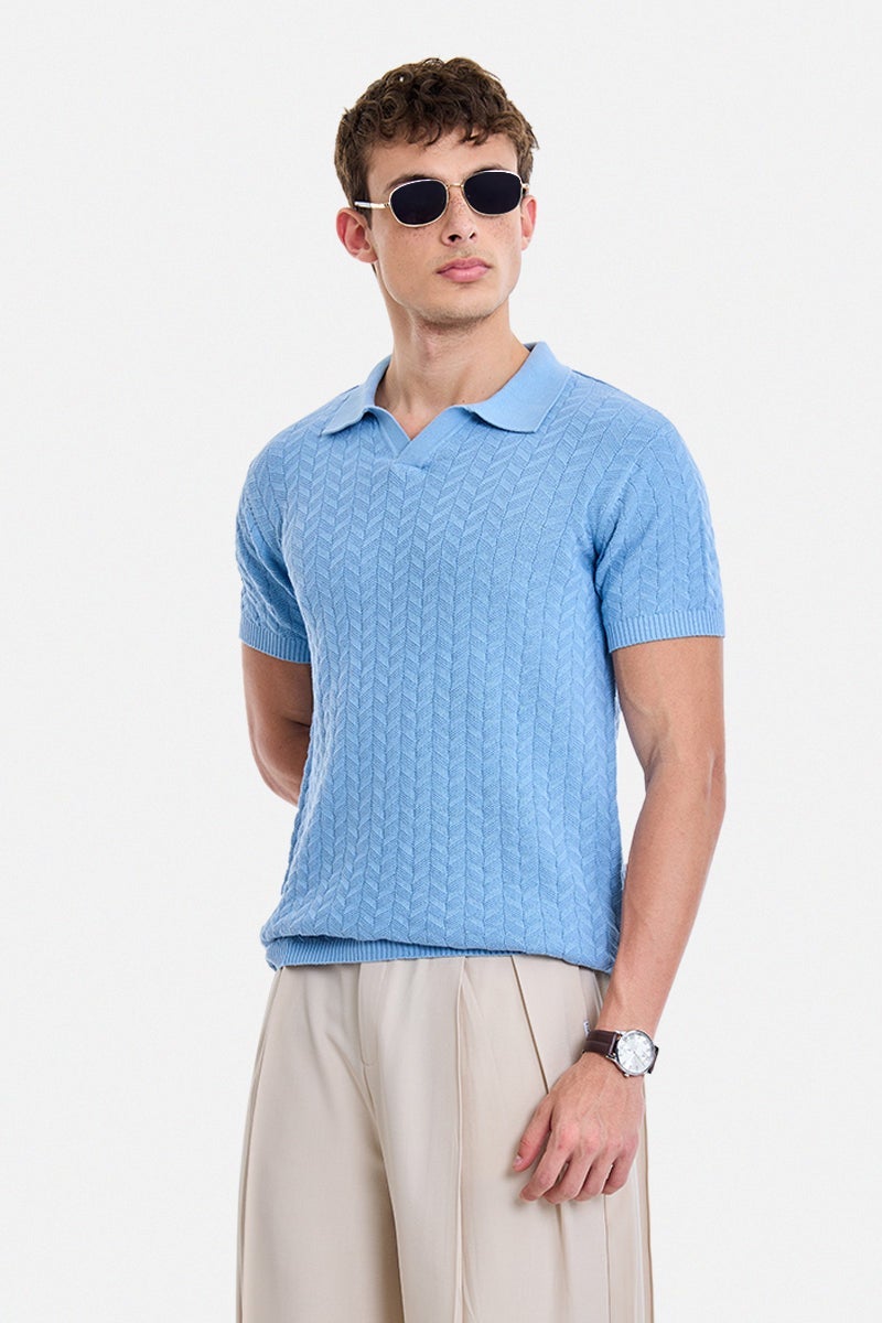SNITCH Light Blue Textured Half Sleeve Regular Fit T-Shirt - Image 4
