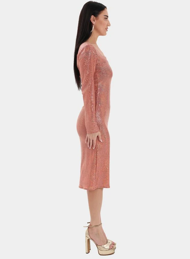 Elena by DStyle Peach Sequin Bodycon Midi Dress