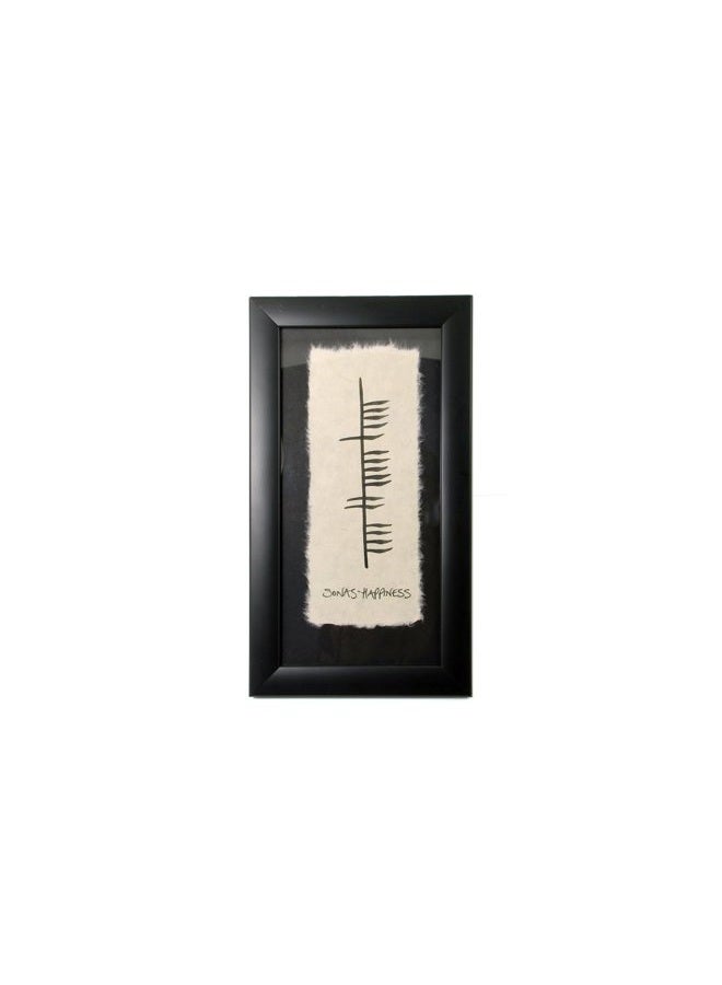 Biddy Murphy Sonas, Happiness, Hand Scripted Irish Ogham Wall Décor, 6 ¼”x 11”, Wide Hanging Black Matted Frame, Elegant Bespoke Feathered Handmade Paper, Celtic Housewarming Gift, Imported from Ireland - Image 1