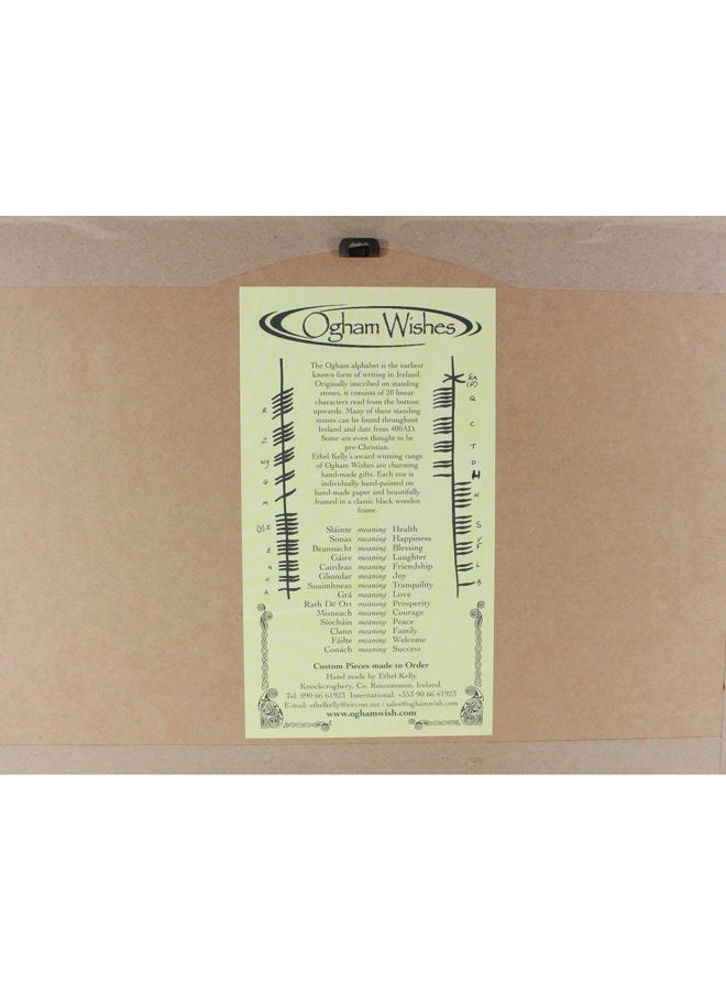 Biddy Murphy Sonas, Happiness, Hand Scripted Irish Ogham Wall Décor, 6 ¼”x 11”, Wide Hanging Black Matted Frame, Elegant Bespoke Feathered Handmade Paper, Celtic Housewarming Gift, Imported from Ireland - Image 4