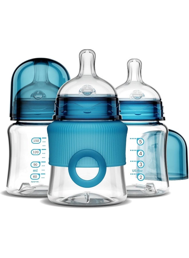 Smilo Baby Bottle Set with Stage 0 Slow Flow Anti Colic Nipple, 5 Oz / 150 ml Capacity, 3X Pack of Anti Colic Baby Bottles 0-3 Months - Aqua Blue - Image 1