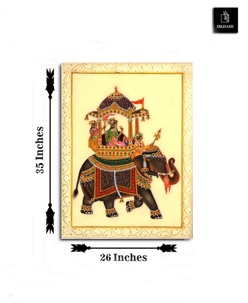 Sikhash Rajasthani Miniature Canvas Painting | Royal Procession on Elephant | Traditional Indian Wall Art for Living Room, Home Decor & Gifting 35X26 Inches Unframed. - Image 5