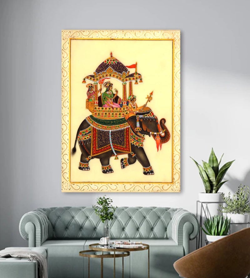 Sikhash Rajasthani Miniature Canvas Painting | Royal Procession on Elephant | Traditional Indian Wall Art for Living Room, Home Decor & Gifting 35X26 Inches Unframed. - Image 3
