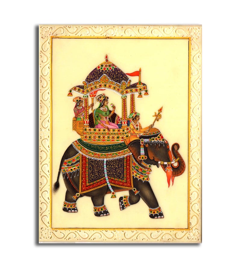 Sikhash Rajasthani Miniature Canvas Painting | Royal Procession on Elephant | Traditional Indian Wall Art for Living Room, Home Decor & Gifting 35X26 Inches Unframed. - Image 1