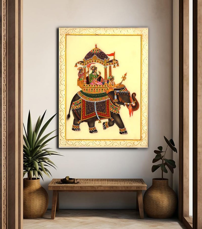 Sikhash Rajasthani Miniature Canvas Painting | Royal Procession on Elephant | Traditional Indian Wall Art for Living Room, Home Decor & Gifting 35X26 Inches Unframed. - Image 2