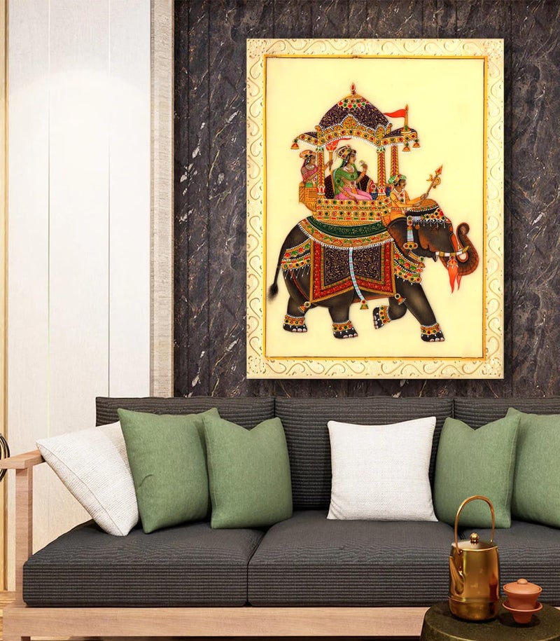 Sikhash Rajasthani Miniature Canvas Painting | Royal Procession on Elephant | Traditional Indian Wall Art for Living Room, Home Decor & Gifting 35X26 Inches Unframed. - Image 4
