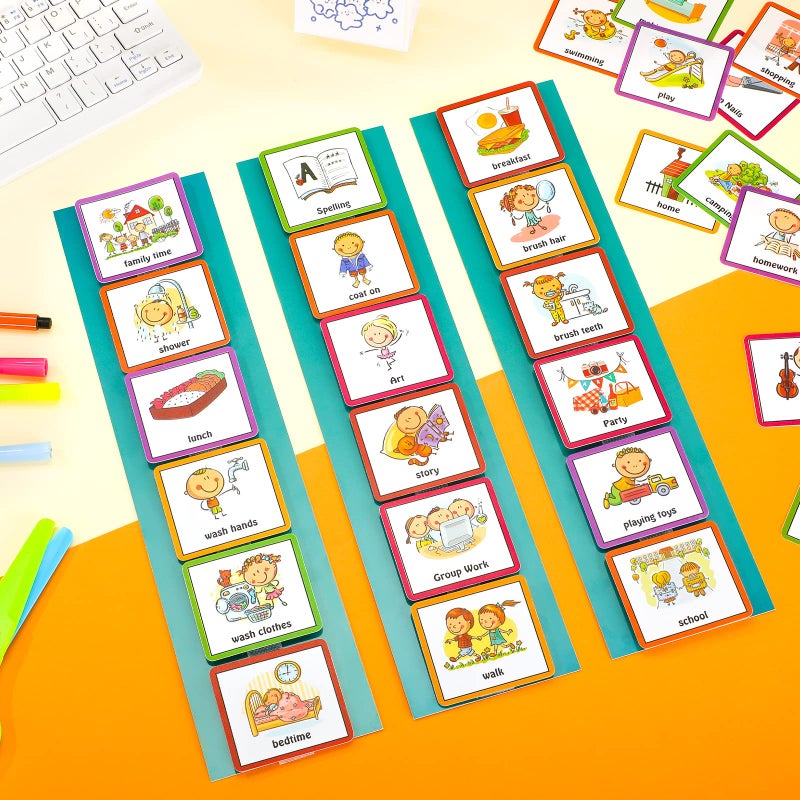 Geyee جدول بصري للأطفال المصابين بالتوحد مع لوحة جدول الروتين اليومي للأطفال، 60 بطاقة جدول صور (أزرق ملكي) - Image 5