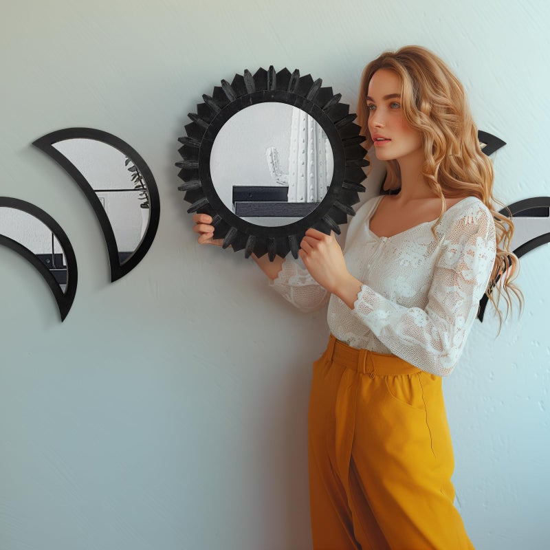 WAKOSAN Wall Mirror, Moon Phase Mirror Set, Wall Decor for Bedroom, Bohemian 5PCS Wooden and Real Glass Mirror with Crystal Clear Reflection, Boho Decor, Multi-Angle Installation (Black) - Image 3