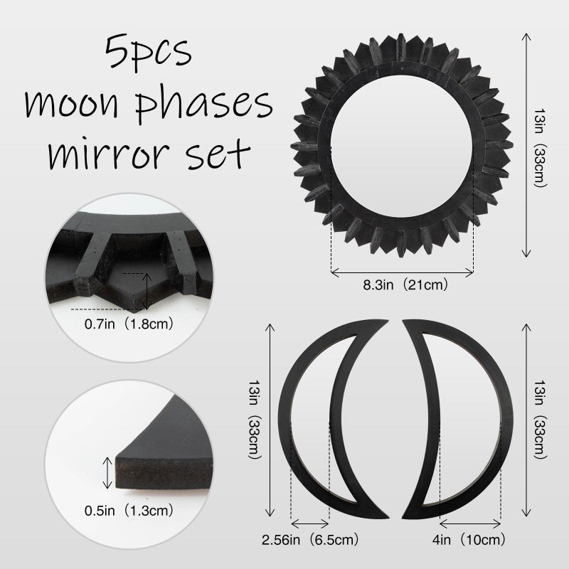 WAKOSAN Wall Mirror, Moon Phase Mirror Set, Wall Decor for Bedroom, Bohemian 5PCS Wooden and Real Glass Mirror with Crystal Clear Reflection, Boho Decor, Multi-Angle Installation (Black) - Image 2