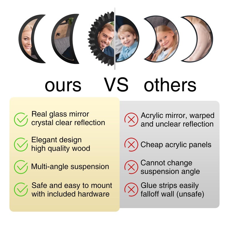 WAKOSAN Wall Mirror, Moon Phase Mirror Set, Wall Decor for Bedroom, Bohemian 5PCS Wooden and Real Glass Mirror with Crystal Clear Reflection, Boho Decor, Multi-Angle Installation (Black) - Image 5