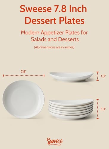 Sweese Porcelain 7.8 Inch Dessert Plates Set of 6 - White Salad Plates, Appetizer Plates, Small Plates - Dishwasher, Microwave, Oven Safe, Smooth Glaze, Scratch Resistant - Image 2