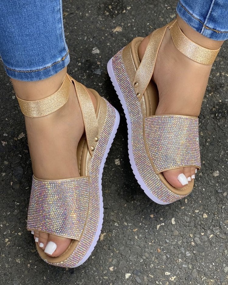 New Large Size Rhinestone Sandals Thick-Soled Wedge Heels Outer Wear Casual One-Line Buckle Women'S Sandals - Image 1