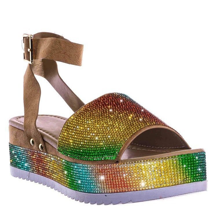 New Large Size Rhinestone Sandals Thick-Soled Wedge Heels Outer Wear Casual One-Line Buckle Women'S Sandals - Image 5