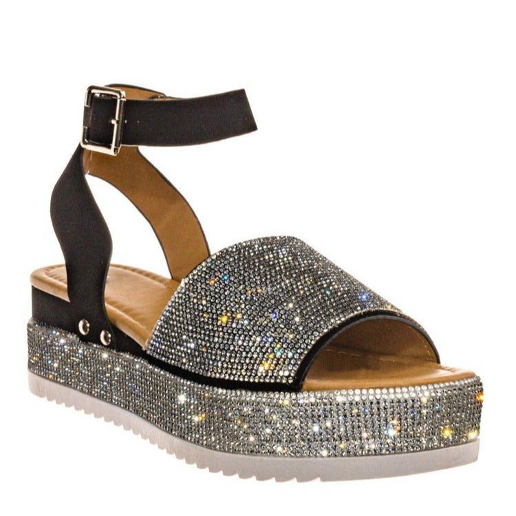 New Large Size Rhinestone Sandals Thick-Soled Wedge Heels Outer Wear Casual One-Line Buckle Women'S Sandals - Image 4