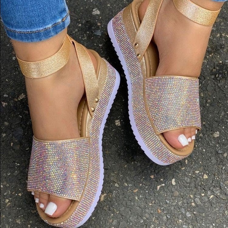 New Large Size Rhinestone Sandals Thick-Soled Wedge Heels Outer Wear Casual One-Line Buckle Women'S Sandals - Image 3