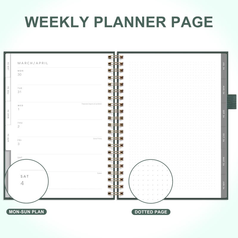 And Per Se 2026 Planner مقاس A4 - مخطط يومي أسبوعي و18 شهرًا، جدول يومي، علامات تبويب شهرية، ورق سميك 100 جرام في المتر المربع (أخضر) - Image 4