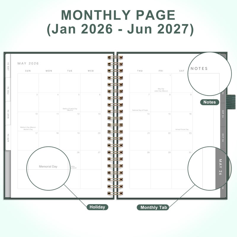 And Per Se 2026 Planner مقاس A4 - مخطط يومي أسبوعي و18 شهرًا، جدول يومي، علامات تبويب شهرية، ورق سميك 100 جرام في المتر المربع (أخضر) - Image 3