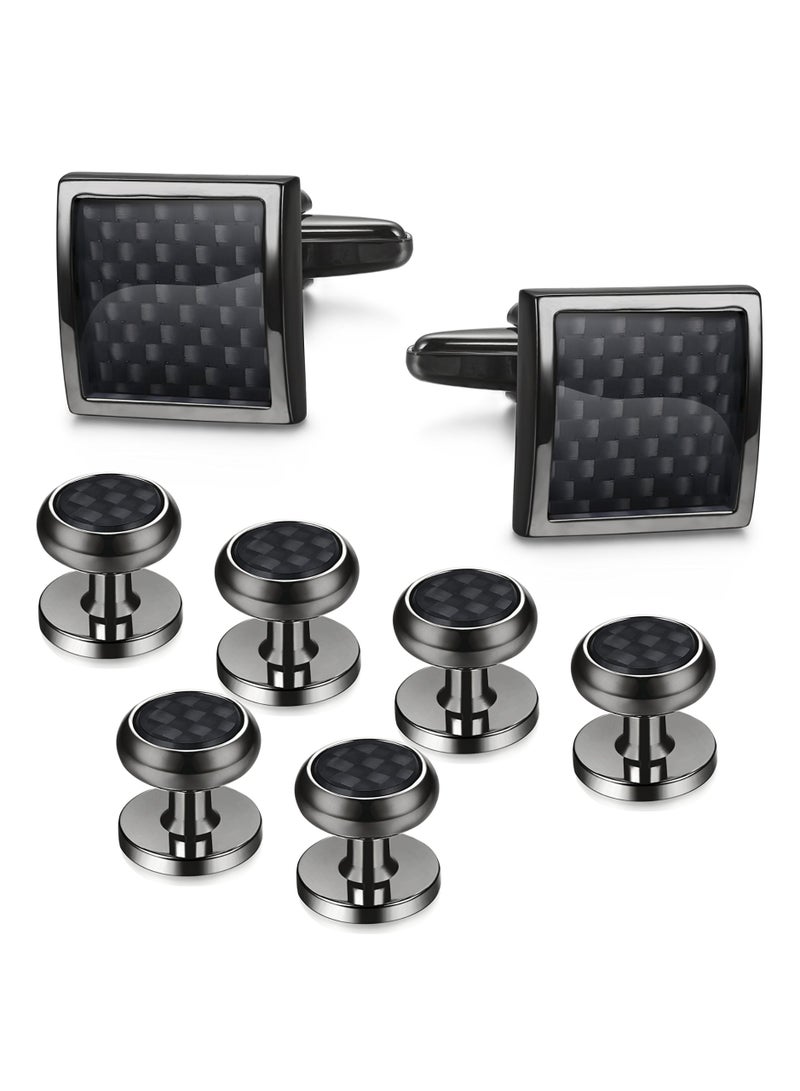 Dark Horse 8Pcs Men's Carbon Fiber Cufflinks and Shirt Buttons Set Tuxedo Shirt Business Wedding Silver Black - Image 1