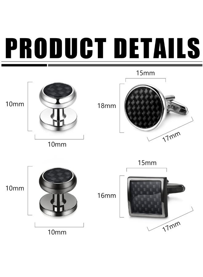 Dark Horse 8Pcs Men's Carbon Fiber Cufflinks and Shirt Buttons Set Tuxedo Shirt Business Wedding Silver Black - Image 3