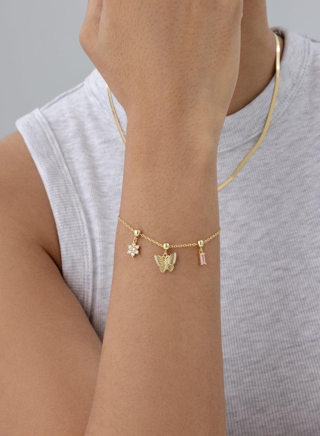 PAVOI 14K Yellow Gold Plated Bracelet for Women | Fashion Gold Jewelry with Removable Butterfly, Flower, and Baguette CZ Charms | Adjustable Trendy 7-Inch Gold Bracelet Set - Image 2