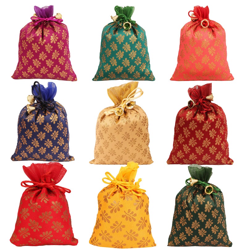 Touchstone Fabric Gorgeous Indian Traditional Paisley Motif Floral Large Drawstring Bags Pouches Potli For Gift Wedding Jewelry Packaging Bridal Party Favors Colors Set Of 20 For Women.,Multicolor - Image 1