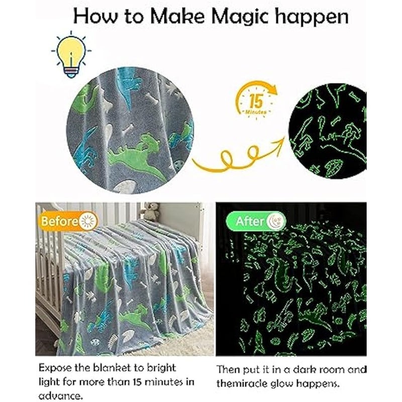 Loquat Luminous Blanket for Kids Cute Soft Cozy Fluffy Flannel Bedroom Decor Lightweight Glow in The Dark Throw Dinosaur Blankets Gifts, BB-002 - Image 4