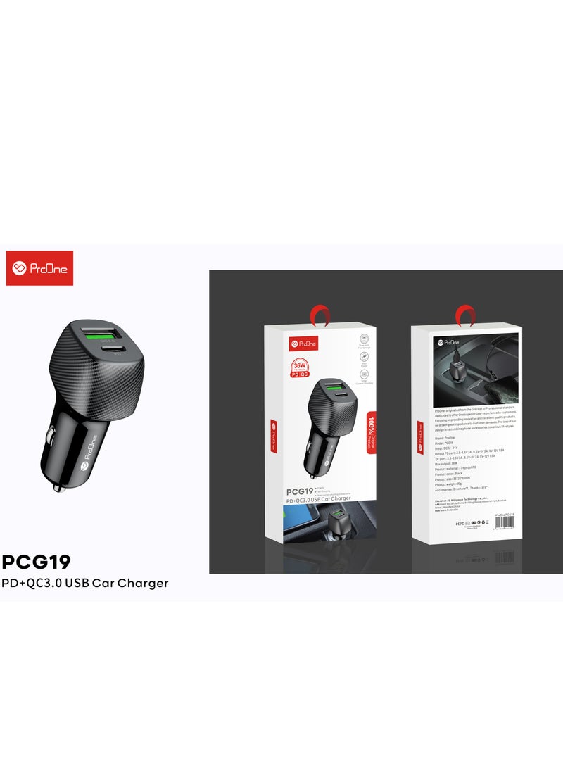 ProOne PCG19 Dual-Port 36W Fast Car Charger , PD+QC3.0 Smart Charging