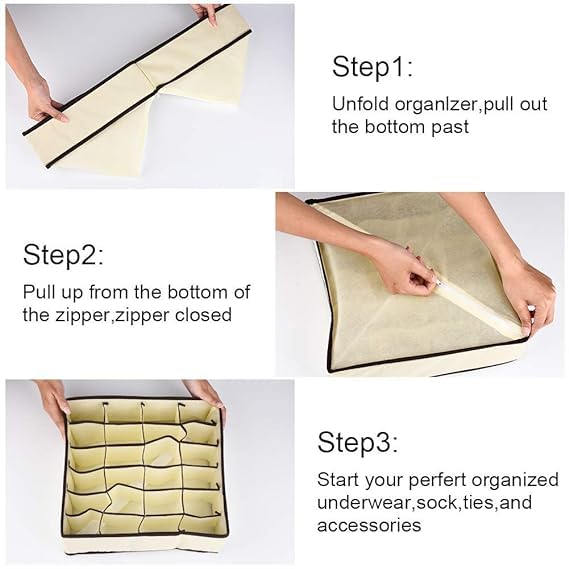 KARTUNBOX Karunbox 2 Pack Closet Socks Organizer Drawer Divider 24 Cell Collapsible Closet Cabinet Organizer Underwear Storage Boxes for Storing Socks Lingerie Black polyester nylon Beige - Image 4