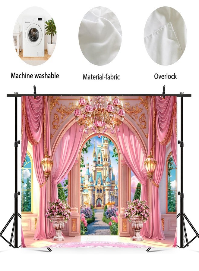 Newsely Princess Castle Garden Backdrop 7Wx5H Photography Pink Palace Curtain Floral Green Plants Cloud Crystal Lamp Sky Cute Background Girly Party Decorations Banner Photo Booth Props Supplies - Image 5
