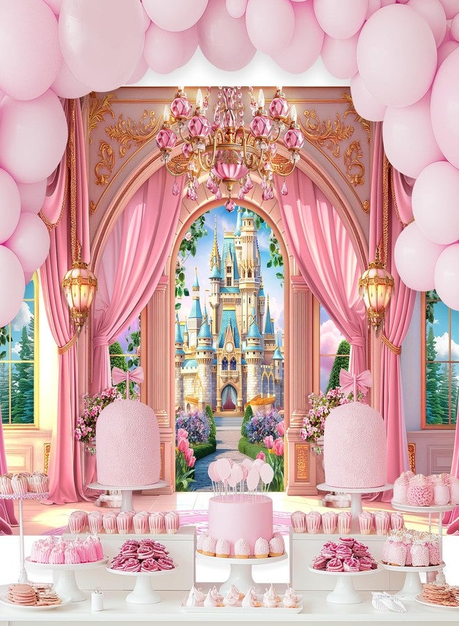 Newsely Princess Castle Garden Backdrop 7Wx5H Photography Pink Palace Curtain Floral Green Plants Cloud Crystal Lamp Sky Cute Background Girly Party Decorations Banner Photo Booth Props Supplies - Image 2