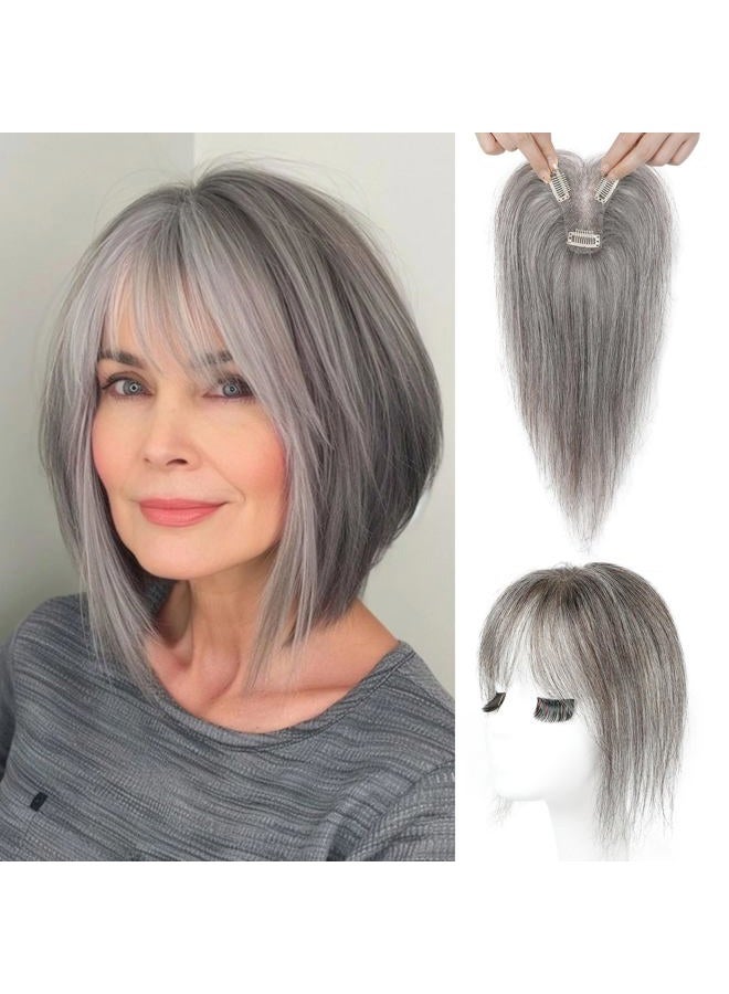 REECHO Hair Toppers for Women Real Human Hair, Seamless Human Hair Toppers with Bangs, 360° 3D Cover Clip in Bangs Hair Extensions for Daily Wear, Dark Gray - Image 1