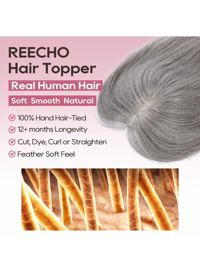 REECHO Hair Toppers for Women Real Human Hair, Seamless Human Hair Toppers with Bangs, 360° 3D Cover Clip in Bangs Hair Extensions for Daily Wear, Dark Gray - Image 2