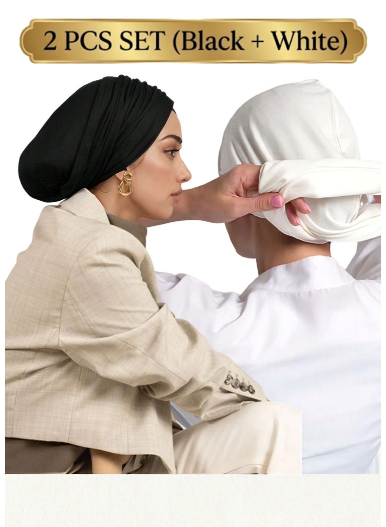 2PC النساء الحجاب اللون الصلب ، والأساليب القابلة للتعديل ، تمدد حزام الرأس ، نسيج القطن الناعم القابل للتنفس مريح للحجاب اليومي (الأسود والأبيض) - Image 1