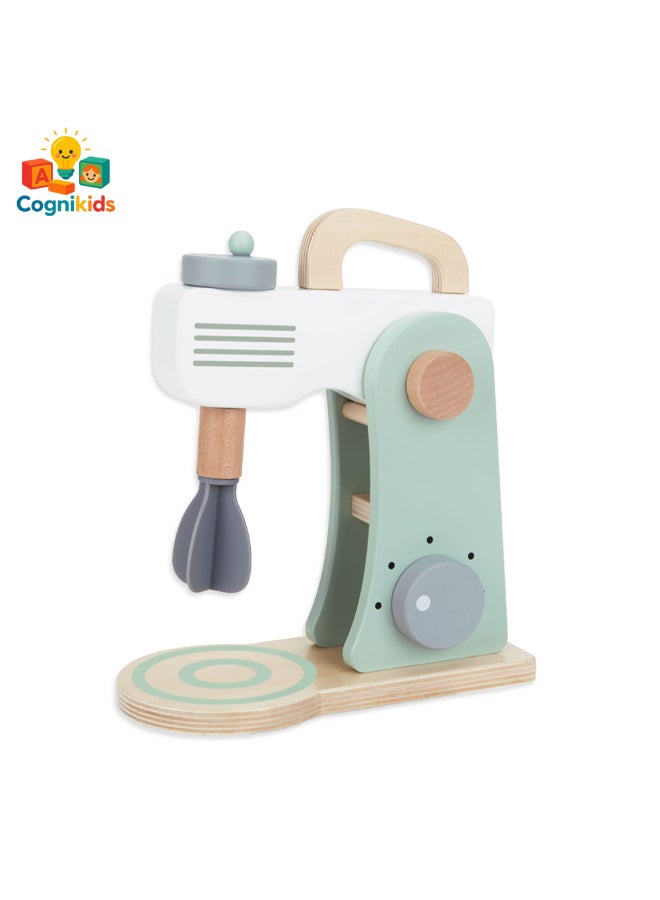 COGNIKIDS مجموعة خلاط الألعاب الصغيرة – جهاز مطبخ خشبي وبلاستيكي للأطفال مع وعاء خلط، علبة دقيق وأدوات – مجموعة خبز للعب التخيلي للأطفال من عمر 3 سنوات وما فوق - Image 2