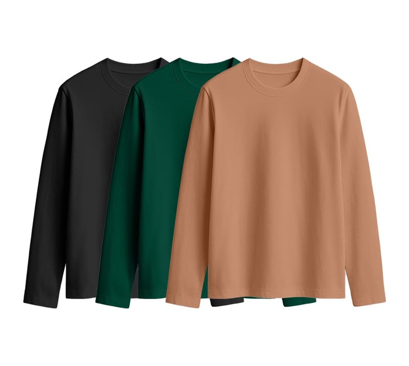 JUNEBERRY® Cotton Round Neck Regular Fit Plain Solid Full Sleeve T-Shirt Combo for Women (Pack of 3) (PO3_JB_FS_BK_GR_CR_S) - Image 1