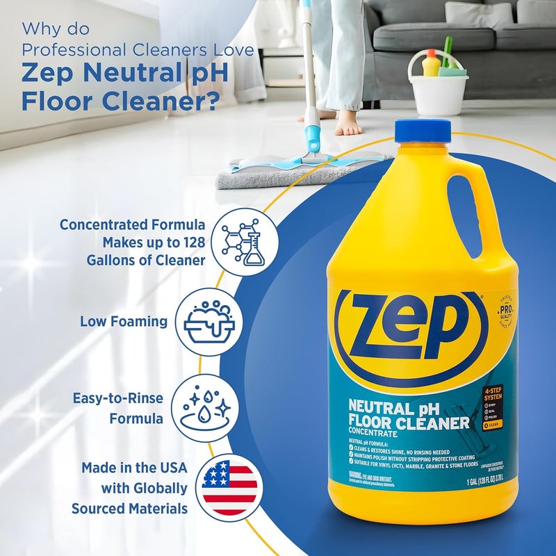 Zep Neutral pH Floor Cleaner Concentrate 1 Gallon ZUNEUT128 - Pro Trusted All-Purpose Floor Cleaner with No Residue,Blue (packaging may vary) Treated anti-rust metal - Image 2