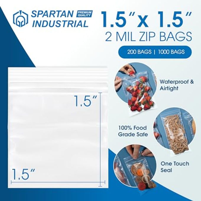 Spartan Industrial 1.5 X 1.5 (200 Count) 2 Mil Clear Reclosable Zip Plastic Poly Bags with Resealable Lock Seal Zipper - Image 5