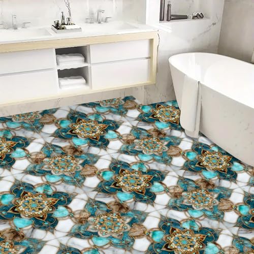 IOHEFY 10pcs Floor Tiles Self Adhesive 12x12 Inch Teal White and Brown Peel and Stick Vinyl Flooring Planks Moroccan Floral Pattern for Kitchen Bathroom Bedroom Living Room Home Renovation DIY Decor - Image 5
