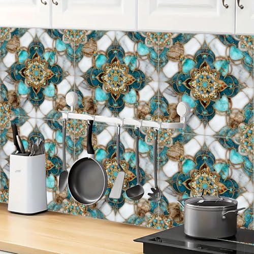 IOHEFY 10pcs Floor Tiles Self Adhesive 12x12 Inch Teal White and Brown Peel and Stick Vinyl Flooring Planks Moroccan Floral Pattern for Kitchen Bathroom Bedroom Living Room Home Renovation DIY Decor - Image 2