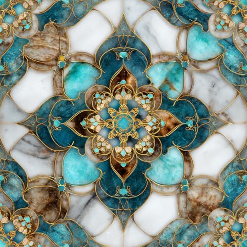 IOHEFY 10pcs Floor Tiles Self Adhesive 12x12 Inch Teal White and Brown Peel and Stick Vinyl Flooring Planks Moroccan Floral Pattern for Kitchen Bathroom Bedroom Living Room Home Renovation DIY Decor - Image 1